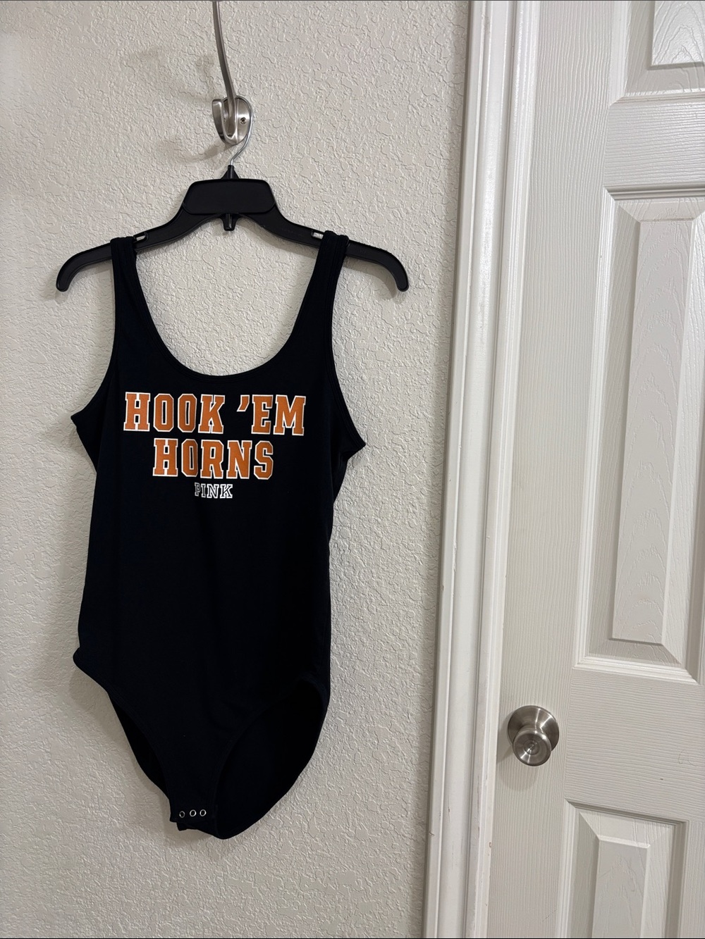 PINK Victoria's Secret Black One-Piece Swim with Orange 'Hook 'Em Horns' Graphic